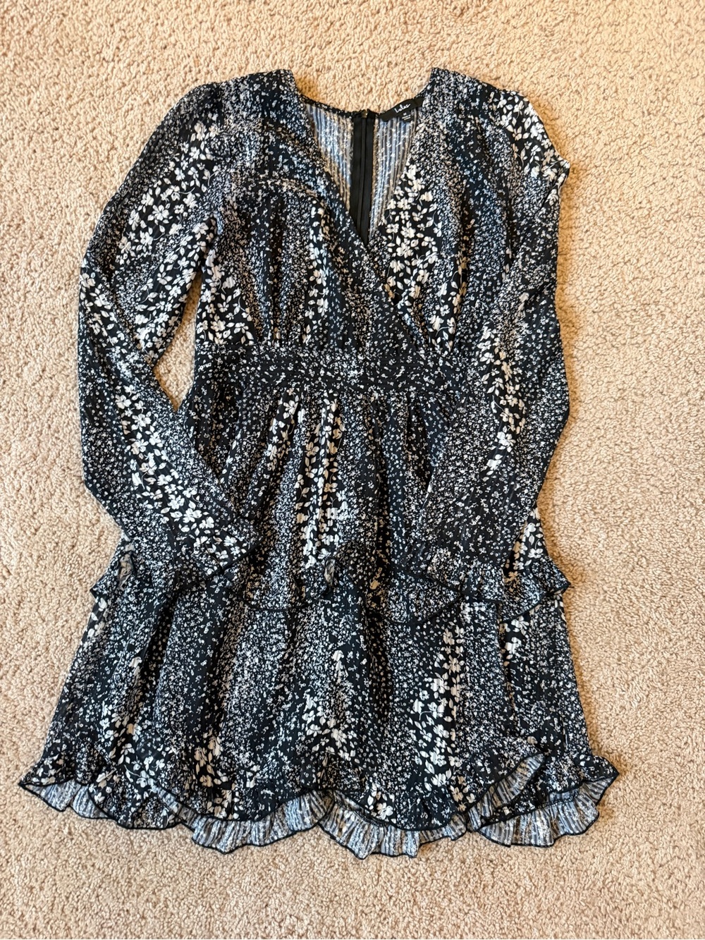 Lulus Black & White Floral Long Sleeve Ruffle Hem Dress